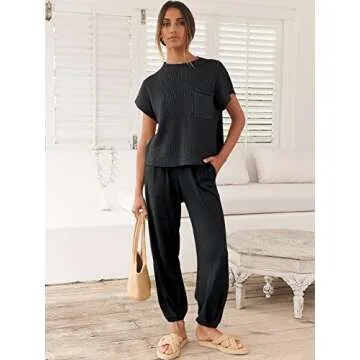 Caracilia Womens Two Piece Outfits Knit Sweater Sets Matching Lounge Set Sweatsuit Tracksuit Summer Trendy Clothes Black M