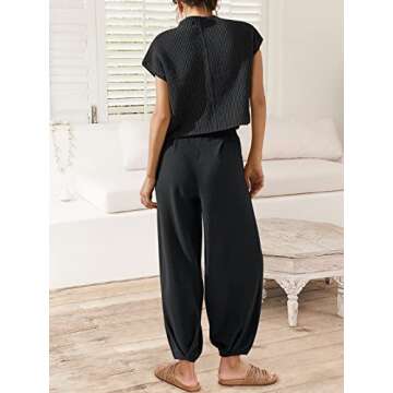 Caracilia Womens Two Piece Outfits Knit Sweater Sets Matching Lounge Set Sweatsuit Tracksuit Summer Trendy Clothes Black M