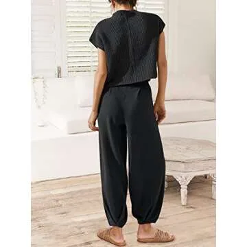 Caracilia Womens Two Piece Outfits Knit Sweater Sets Matching Lounge Set Sweatsuit Tracksuit Summer Trendy Clothes Black M