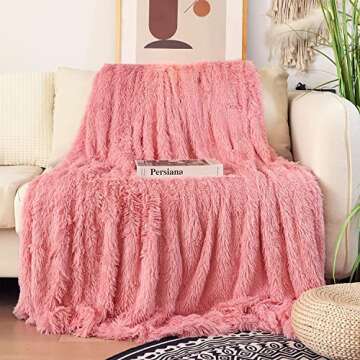 Tuddrom Decorative Extra Soft Faux Fur Throw Blanket 50"x60",Solid Reversible Fuzzy Double Layers Long Hair Shaggy Blanket,Fluffy Cozy Plush Fleece Comfy Microfiber Blanket for Couch Sofa Bed,Pink