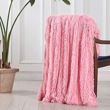 Tuddrom Decorative Extra Soft Faux Fur Throw Blanket 50"x60",Solid Reversible Fuzzy Double Layers Long Hair Shaggy Blanket,Fluffy Cozy Plush Fleece Comfy Microfiber Blanket for Couch Sofa Bed,Pink
