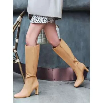 Coutgo Womens Square Toe Knee High Boots Wide Calf Style