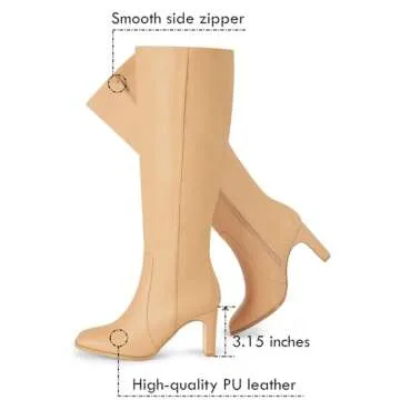 Coutgo Womens Square Toe Knee High Boots Wide Calf Style