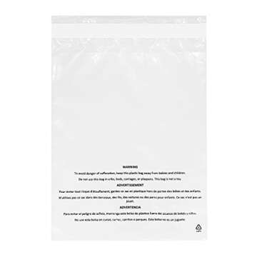 PolyPackers Combo Pack of 400 Self Seal Clear Poly Bags with Suffocation Warning 100 each of 6x9, 8x10, 9x12, 11x14 Permanent Adhesive For FBA, Packaging Clothes, Shirts and More(PP-400-COMBO-M)