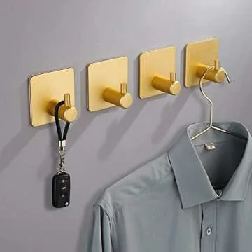 XUANHEY Adhesive Hooks Gold Bathroom Towel Hooks 4 Pack Shower Hooks Heavy Duty Space Aluminium Kitchen Hooks Self Adhesive Wall Hooks for Bathroom Office Kitchen Bedroom Rustproof Waterproof (Gold)