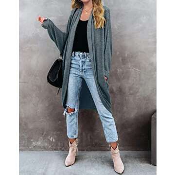 MEROKEETY Women's 2024 Fall Waffle Knit Batwing Long Sleeve Cardigan Loose Open Front Sweater Coat, DustyGreen, Small