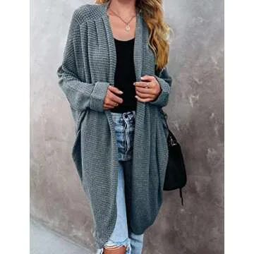 MEROKEETY Women's 2024 Fall Waffle Knit Batwing Long Sleeve Cardigan Loose Open Front Sweater Coat, DustyGreen, Small