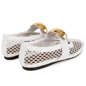 AMINUGAL White Mesh Ballet Flats Shoes for Women Fashion Round Toe Fishnet Black Flats for Women Buckle Strap Mary Jane Shoes Women Comfy Casual Office Daily Dress Ballerina Shoes Size 10