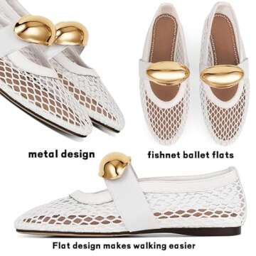 AMINUGAL White Mesh Ballet Flats Shoes for Women Fashion Round Toe Fishnet Black Flats for Women Buckle Strap Mary Jane Shoes Women Comfy Casual Office Daily Dress Ballerina Shoes Size 10