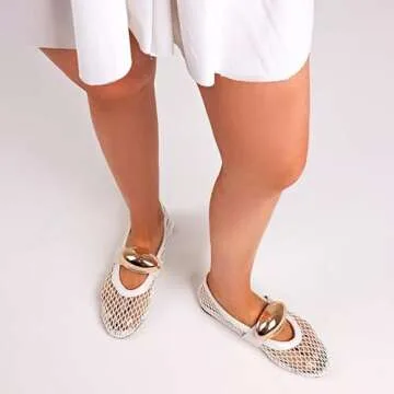 AMINUGAL White Mesh Ballet Flats Shoes for Women Fashion Round Toe Fishnet Black Flats for Women Buckle Strap Mary Jane Shoes Women Comfy Casual Office Daily Dress Ballerina Shoes Size 10