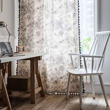Lahome Boho Cotton Linen Tassel Window Curtains,Set of 2 Farmhouse Floral Curtain Panels, Rod Pocket Semi Blackout Country Style Window Treatment for Living Dining Room,52''W x 84''L