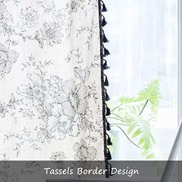 Lahome Boho Cotton Linen Tassel Window Curtains,Set of 2 Farmhouse Floral Curtain Panels, Rod Pocket Semi Blackout Country Style Window Treatment for Living Dining Room,52''W x 84''L