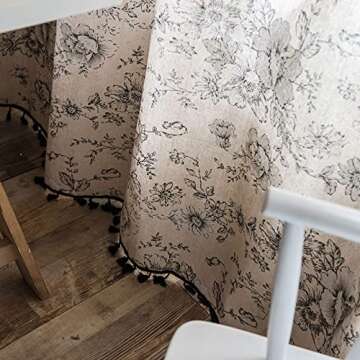 Lahome Boho Cotton Linen Tassel Window Curtains,Set of 2 Farmhouse Floral Curtain Panels, Rod Pocket Semi Blackout Country Style Window Treatment for Living Dining Room,52''W x 84''L