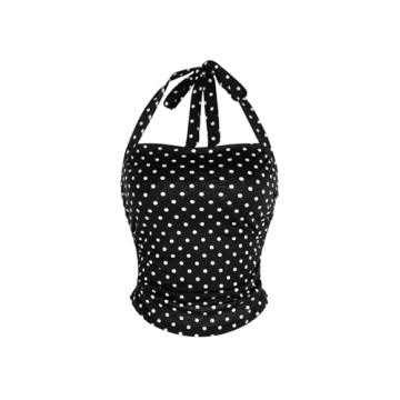 SOLY HUX Women's Y2K Casual Halter Top Tie Back Polka Dots Crop Tank Sleeve Streetwear