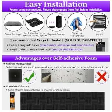 TroyStudio Thick Acoustic Foam Panels, 12 X 12 X 2 Inches 6 Pcs Broadband Sound Absorbing Foam, Dense Soundproof Padding Tile, Recording Studio Foam Absorber, Groove Decorative 3D Wall Ceiling Panel