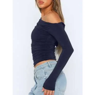 Darong Women's Off Shoulder Long Sleeve Slim Fit Crop Top