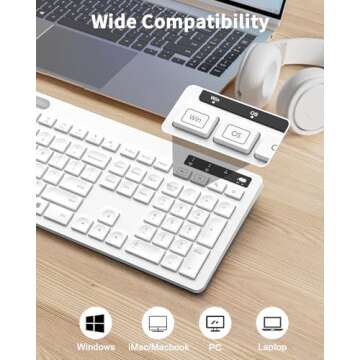 White Keyboard and Mouse Wireless, seenda Full-Size Keyboard with Phone Holder USB A & Type C Receiv...