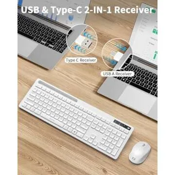 White Keyboard and Mouse Wireless, seenda Full-Size Keyboard with Phone Holder USB A & Type C Receiver 2.4G Silent USB Keyboard Mouse Compatible for MacBook and Windows Computer/Desktop/Laptop