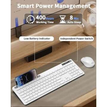 White Keyboard and Mouse Wireless, seenda Full-Size Keyboard with Phone Holder USB A & Type C Receiver 2.4G Silent USB Keyboard Mouse Compatible for MacBook and Windows Computer/Desktop/Laptop