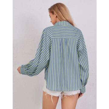 HOCANDY Womens Boyfriend Striped Button Down Shirt Batwing Sleeve Casual Loose Collar High Low Split Work Blouses Blue-Green