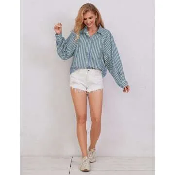 HOCANDY Womens Boyfriend Striped Button Down Shirt Batwing Sleeve Casual Loose Collar High Low Split Work Blouses Blue-Green