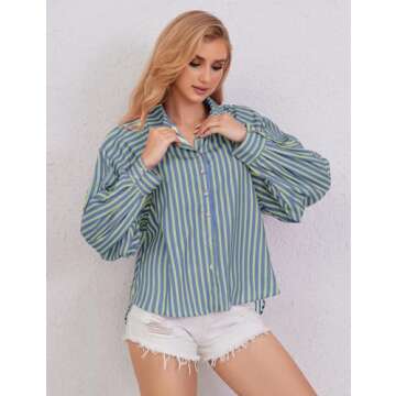 HOCANDY Womens Boyfriend Striped Button Down Shirt Batwing Sleeve Casual Loose Collar High Low Split Work Blouses Blue-Green