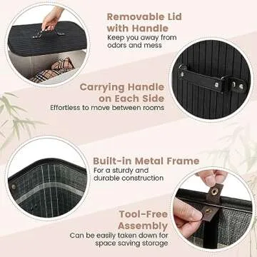 Giantex Bamboo Laundry Hamper with Lid, 72L Large & Tall Clothes Hamper with Removable Liner & Handles, Rectangular Laundry Basket for Small Spaces, Laundry Room, Bedroom (Black)