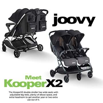 Joovy Kooper X2 Side-by-Side Double Stroller Featuring Dual Snack Trays, One-Handed Fold, Multi-Position Reclining Seats, Adjustable Leg Rests, and 2 Zippered Pockets for Storage, Forged Iron