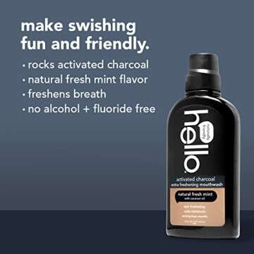 Hello Activated Charcoal Extra Freshening Mouthwash, Natural Fresh Mint and Coconut Oil, Fluoride Free, Alcohol Free, Vegan, SLS Free and Gluten Free, 16 Fl Oz (Pack of 3)