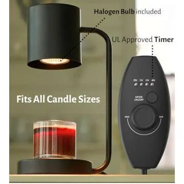 Cozyberry® Querencia™ Candle Warmer Lamp, 1-, 2-, 4-Hour Timer, 2 x Bulbs Included, Compatible with All Candles, Candle Lamp, 110-120V, Dimmable Candle Melter, Small & Large Size Jar Candles (Black)