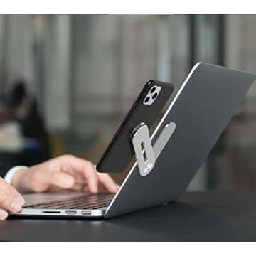 Magnetic Laptop Phone Holder | Side Mount Clip Stand Computer Monitor Expansion Bracket Slim Portable Foldable Smartphone Improve Office Efficiency, Silver