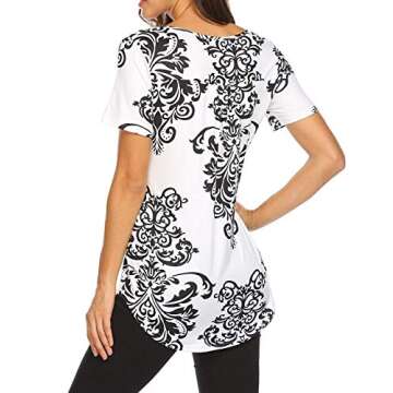 Women's Paisley Printed Long Sleeve Henley V Neck Pleated Casual Flare Tunic Blouse Shirt (Short Sleeve-Black, M)