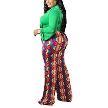 2 Piece Outfits for Women Sexy V Neck Print Shirts Tie Knot Batwing Blouses Crop Top Wide Leg Pants Set