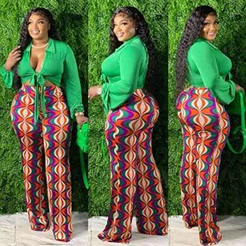 2 Piece Outfits for Women Sexy V Neck Print Shirts Tie Knot Batwing Blouses Crop Top Wide Leg Pants Set