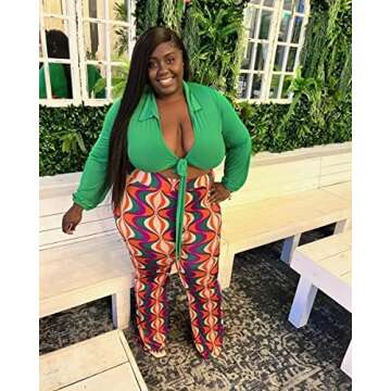 2 Piece Outfits for Women Sexy V Neck Print Shirts Tie Knot Batwing Blouses Crop Top Wide Leg Pants Set