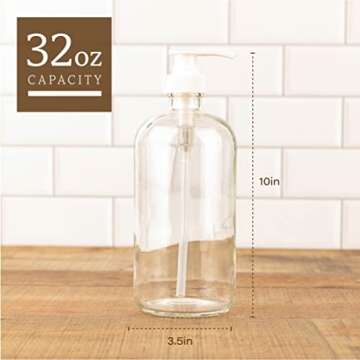 kitchentoolz 32 Ounce Large Clear Glass Boston Round Bottles with White Pumps. Great for Lotions, So...