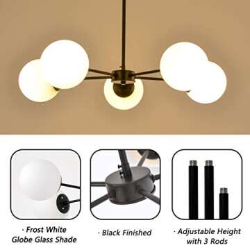 FERWVEW 5 Light Modern Black Chandelier Mid Century Farmhouse Globe Sputnik Ceiling Pendant Light Chandeliers, Lighting Fixture with Glass Shades for Living Dinning Room Foyer Bedroom Kitchen Island