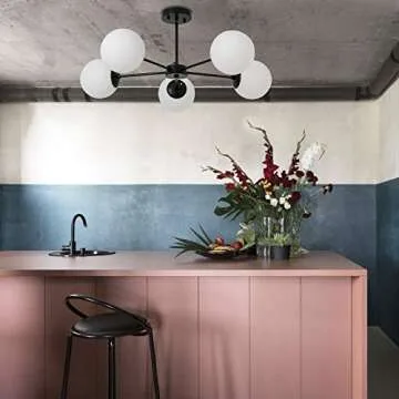 FERWVEW 5 Light Modern Black Chandelier Mid Century Farmhouse Globe Sputnik Ceiling Pendant Light Chandeliers, Lighting Fixture with Glass Shades for Living Dinning Room Foyer Bedroom Kitchen Island