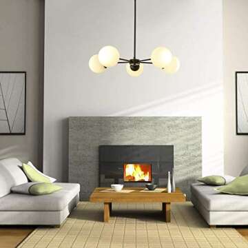 FERWVEW 5 Light Modern Black Chandelier Mid Century Farmhouse Globe Sputnik Ceiling Pendant Light Chandeliers, Lighting Fixture with Glass Shades for Living Dinning Room Foyer Bedroom Kitchen Island