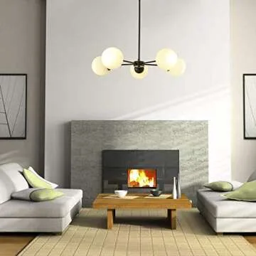 FERWVEW 5 Light Modern Black Chandelier Mid Century Farmhouse Globe Sputnik Ceiling Pendant Light Chandeliers, Lighting Fixture with Glass Shades for Living Dinning Room Foyer Bedroom Kitchen Island