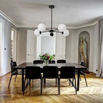 FERWVEW 5 Light Modern Black Chandelier Mid Century Farmhouse Globe Sputnik Ceiling Pendant Light Chandeliers, Lighting Fixture with Glass Shades for Living Dinning Room Foyer Bedroom Kitchen Island