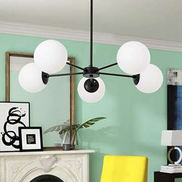 FERWVEW 5 Light Modern Black Chandelier Mid Century Farmhouse Globe Sputnik Ceiling Pendant Light Chandeliers, Lighting Fixture with Glass Shades for Living Dinning Room Foyer Bedroom Kitchen Island