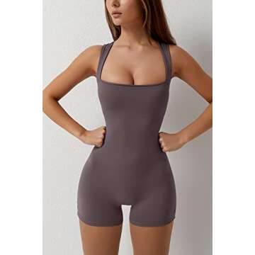 QINSEN Woman's Stretch Square Neck Jumpsuit Slimming Fit Curvy Short Bodysuit Outfit Grey M