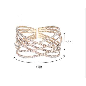 AZFEIYA 18k Rose Gold Plated Cubic Zirconia Cuff Bangle Sparkly Rhinestone Bridal Wedding Statement Bracelet(18K Gold plated)