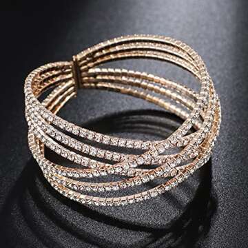 AZFEIYA 18k Rose Gold Plated Cubic Zirconia Cuff Bangle Sparkly Rhinestone Bridal Wedding Statement Bracelet(18K Gold plated)