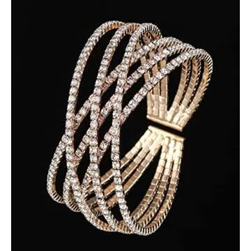 AZFEIYA 18k Rose Gold Plated Cubic Zirconia Cuff Bangle Sparkly Rhinestone Bridal Wedding Statement Bracelet(18K Gold plated)