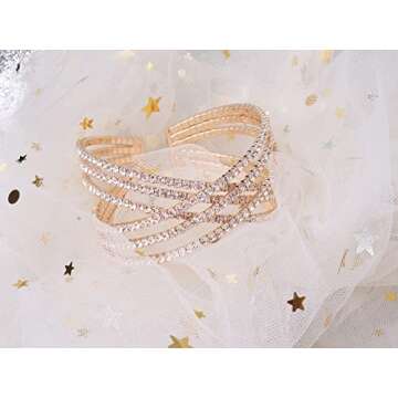 AZFEIYA 18k Rose Gold Plated Cubic Zirconia Cuff Bangle Sparkly Rhinestone Bridal Wedding Statement Bracelet(18K Gold plated)