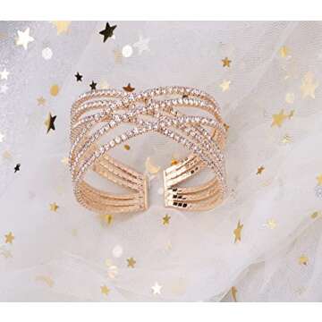 AZFEIYA 18k Rose Gold Plated Cubic Zirconia Cuff Bangle Sparkly Rhinestone Bridal Wedding Statement Bracelet(18K Gold plated)