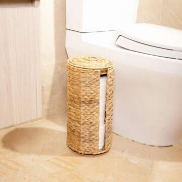 MINHKUST Wicker Toilet Paper Storage Stand with Lid, Rattan Toilet Paper Holder with Storage, Boho Woven Toilet Paper Basket for 3 Mega Rolls, Decorative Toilet Tissue Holder for Bathroom