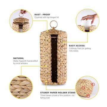 MINHKUST Wicker Toilet Paper Storage Stand with Lid, Rattan Toilet Paper Holder with Storage, Boho Woven Toilet Paper Basket for 3 Mega Rolls, Decorative Toilet Tissue Holder for Bathroom